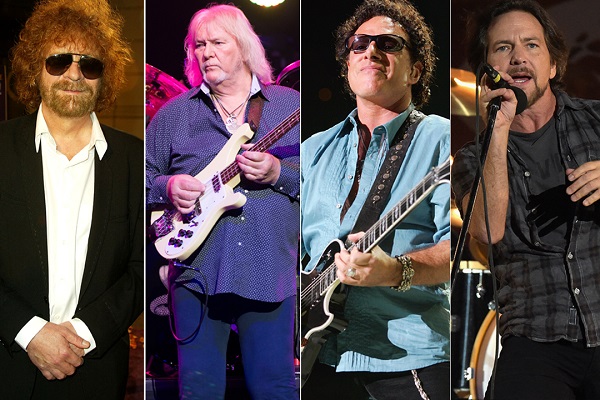 Jeff Lynne, Chris Squire (+), Neil Schön y Eddie Vedder, respectivamente de ELO, Yes, Journey y Pearl Jam, miembros 2017 del Salón de la Fama del Rock & Roll.