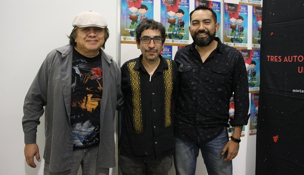 En la Feria Internacional del Libro Yucatán: Ricardo Pat, el autor Fabrizio Mejía y el productor de Xook, Isaías Solís.